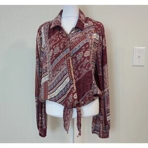 American Rag Women's M Blouse Shirt Maroon Red Patchwork Tie Waist Western Boho
